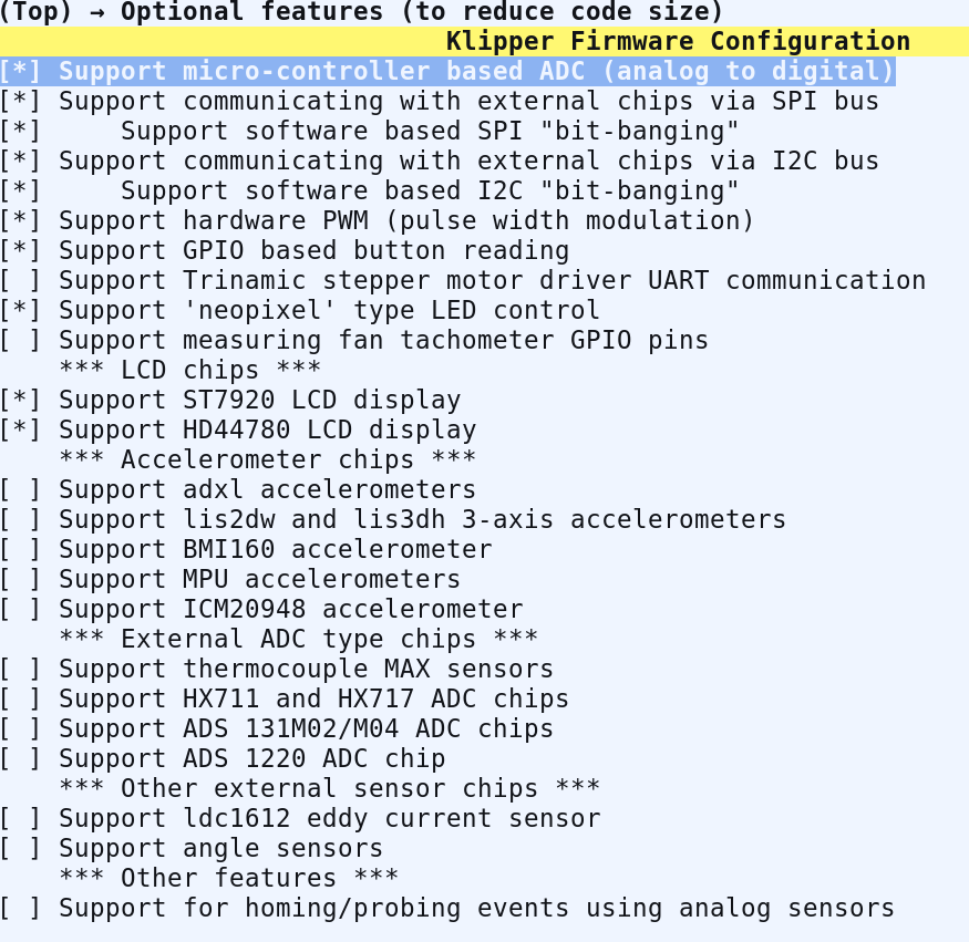Config screenshot for the optional features